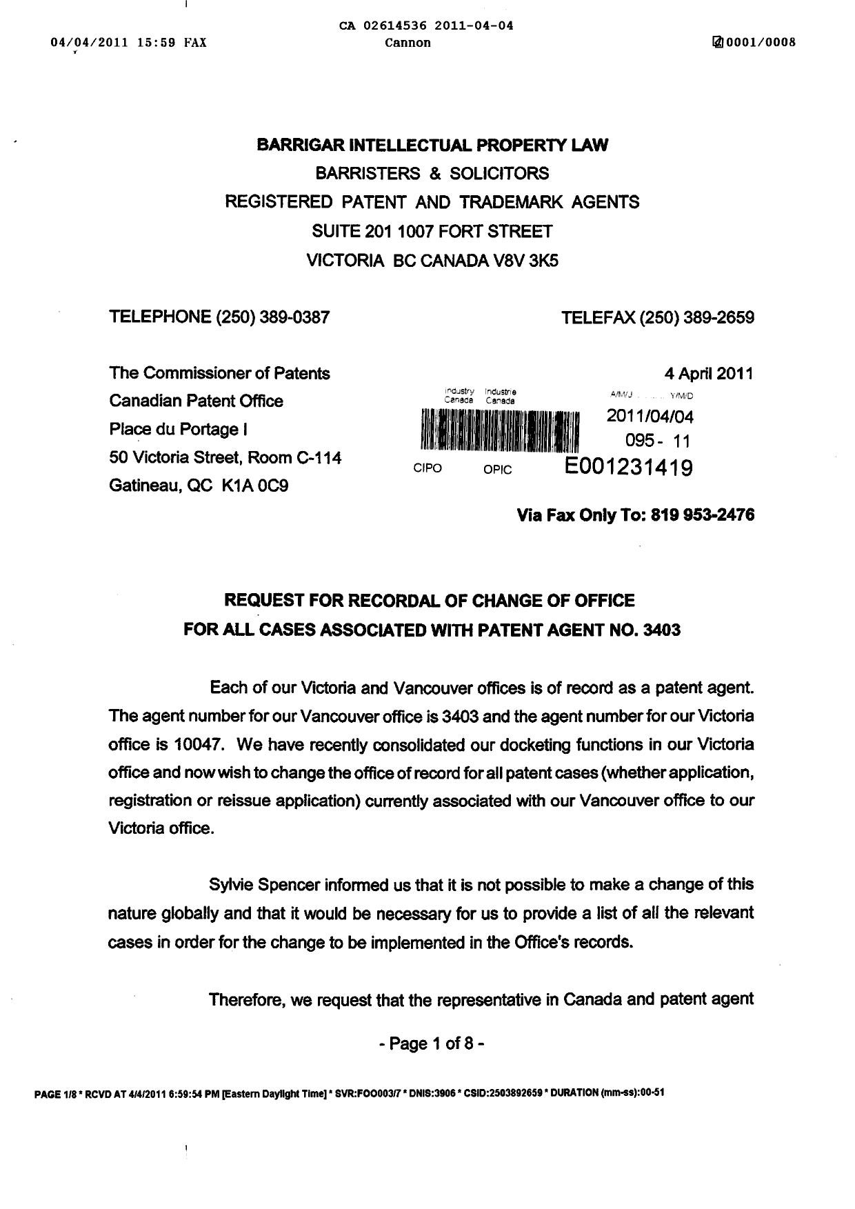 Document de brevet canadien 2614536. Correspondance 20110404. Image 1 de 8