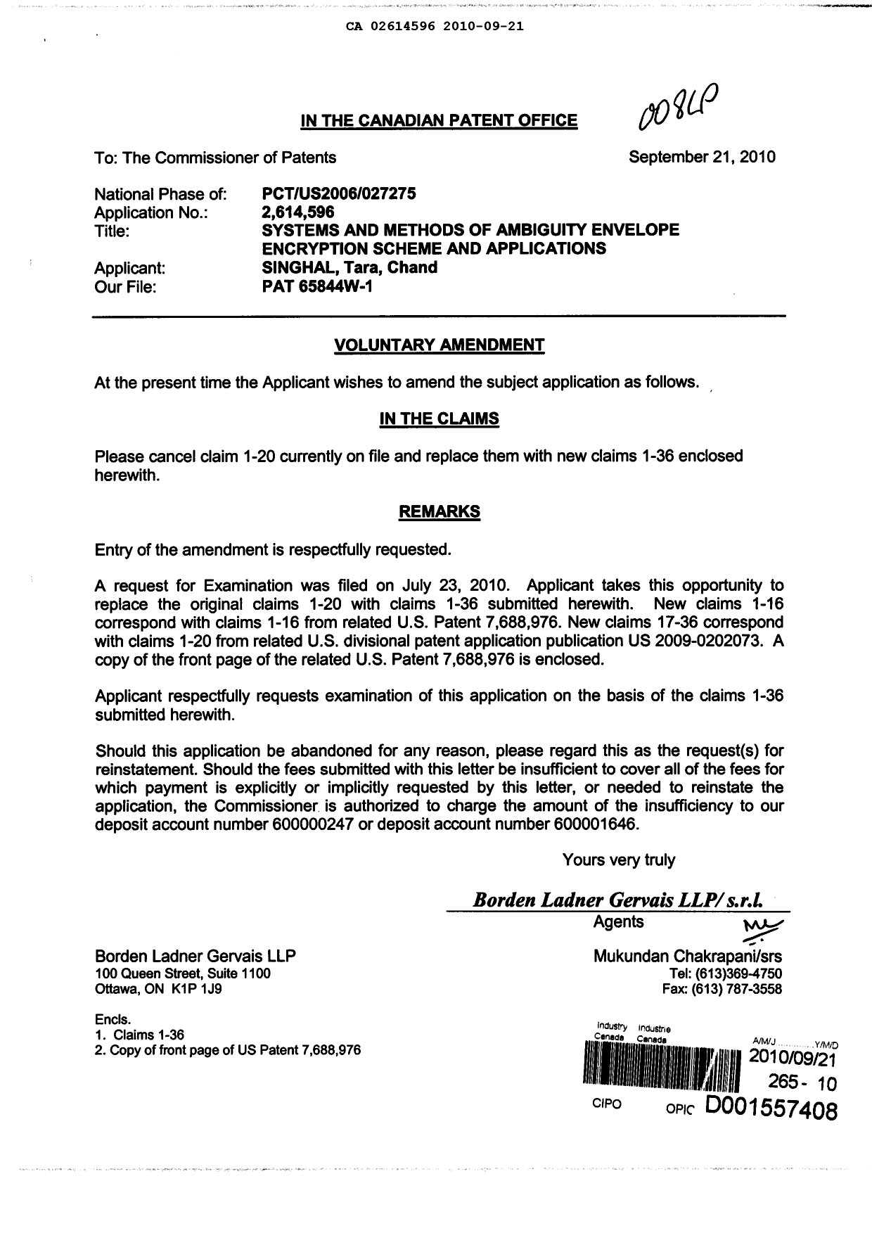 Document de brevet canadien 2614596. Poursuite-Amendment 20100921. Image 1 de 9