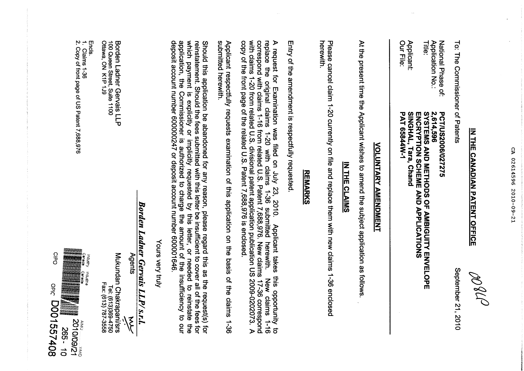 Canadian Patent Document 2614596. Prosecution-Amendment 20100921. Image 1 of 9