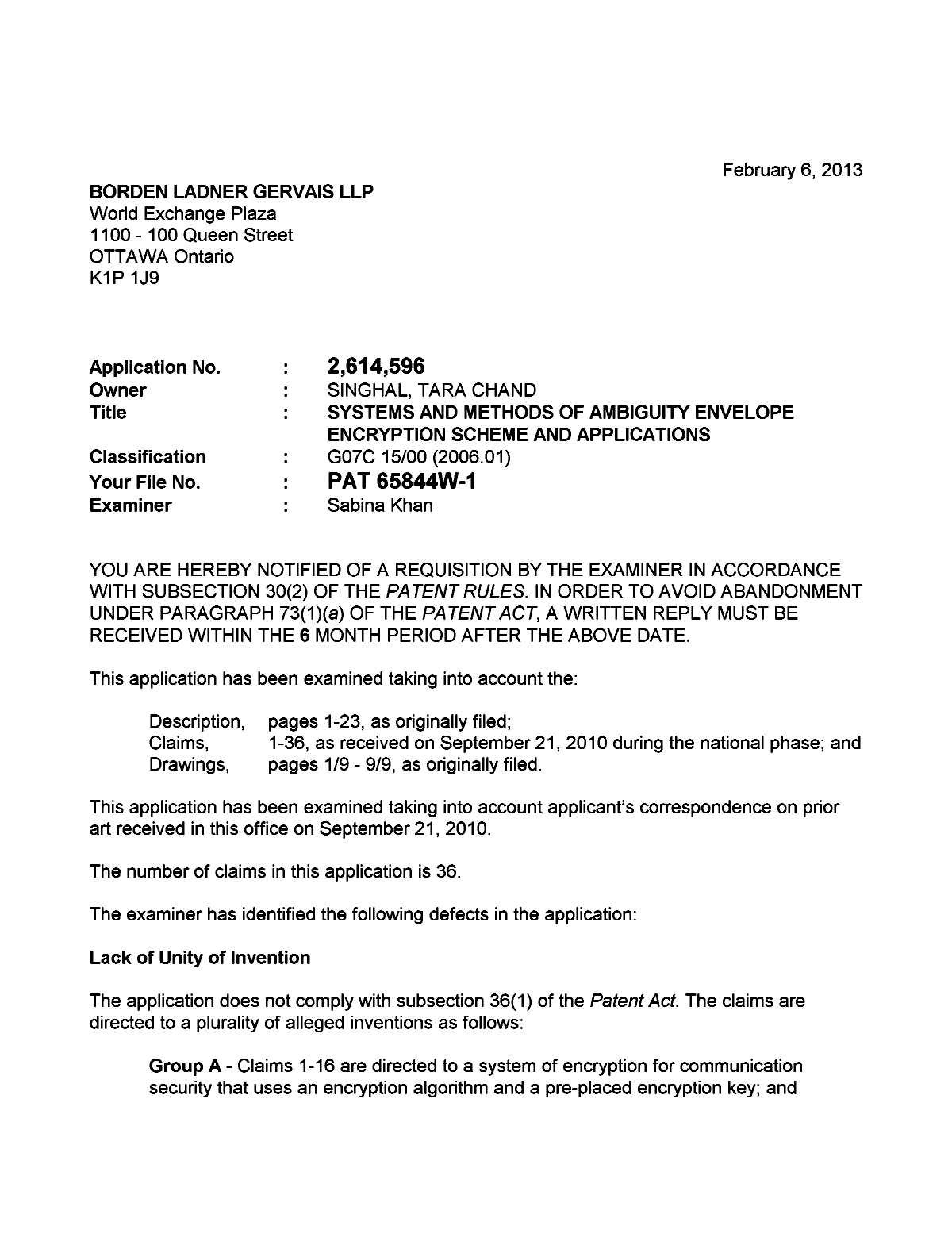 Document de brevet canadien 2614596. Poursuite-Amendment 20130206. Image 1 de 2