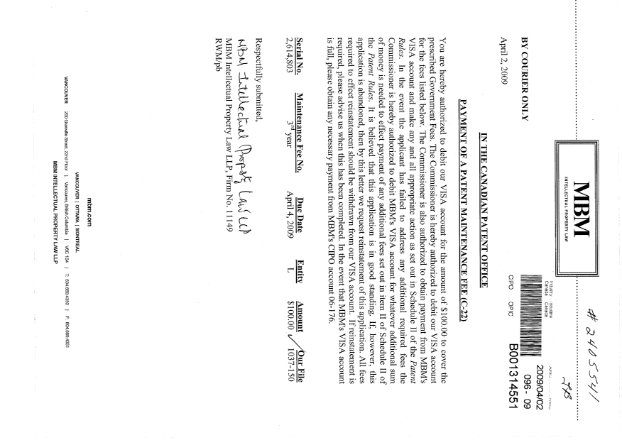Canadian Patent Document 2614803. Fees 20090402. Image 1 of 1