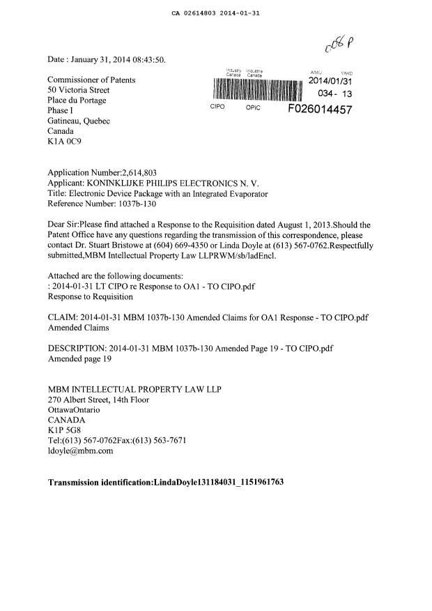 Canadian Patent Document 2614803. Prosecution-Amendment 20140131. Image 1 of 13
