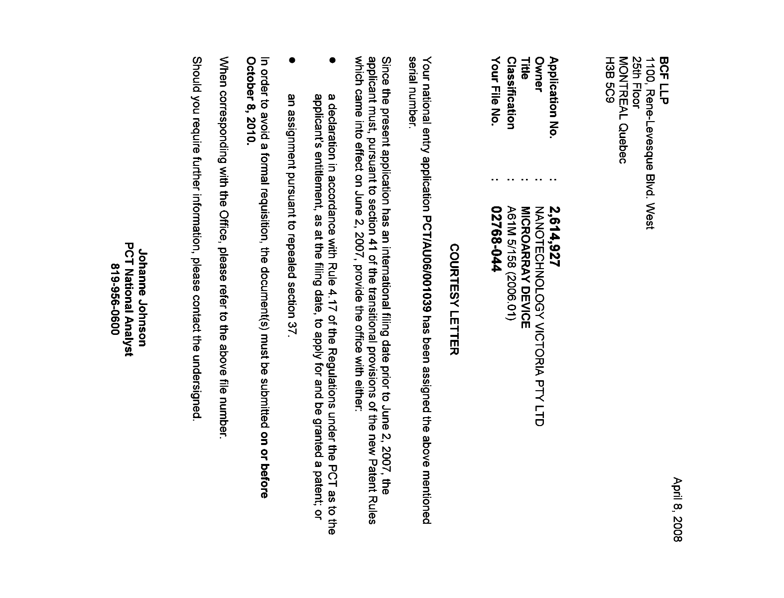 Document de brevet canadien 2614927. Correspondance 20071208. Image 1 de 1