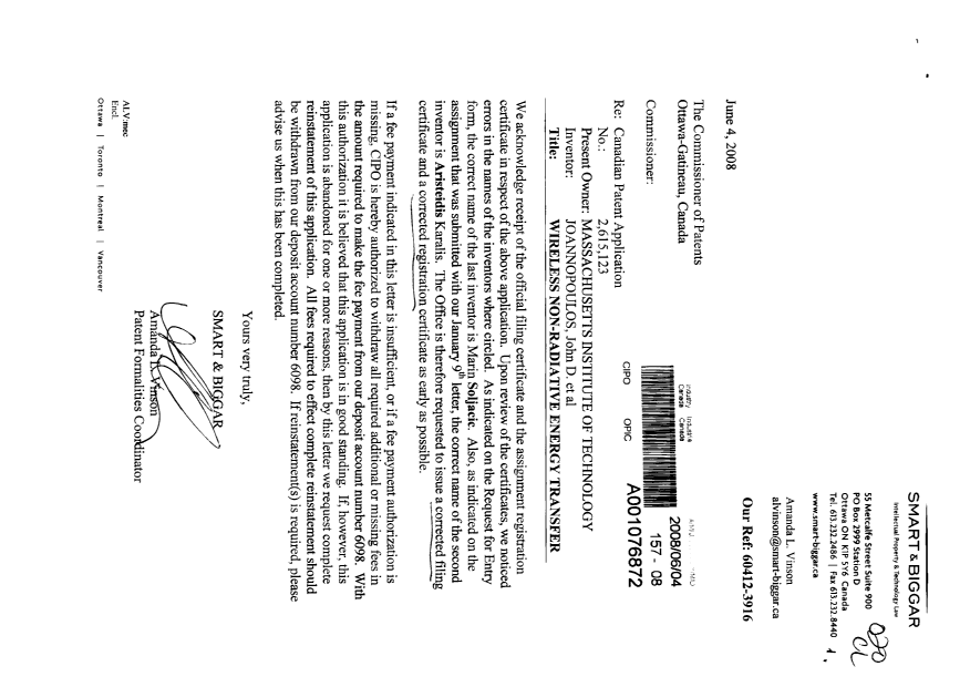 Document de brevet canadien 2615123. Correspondance 20080604. Image 1 de 3
