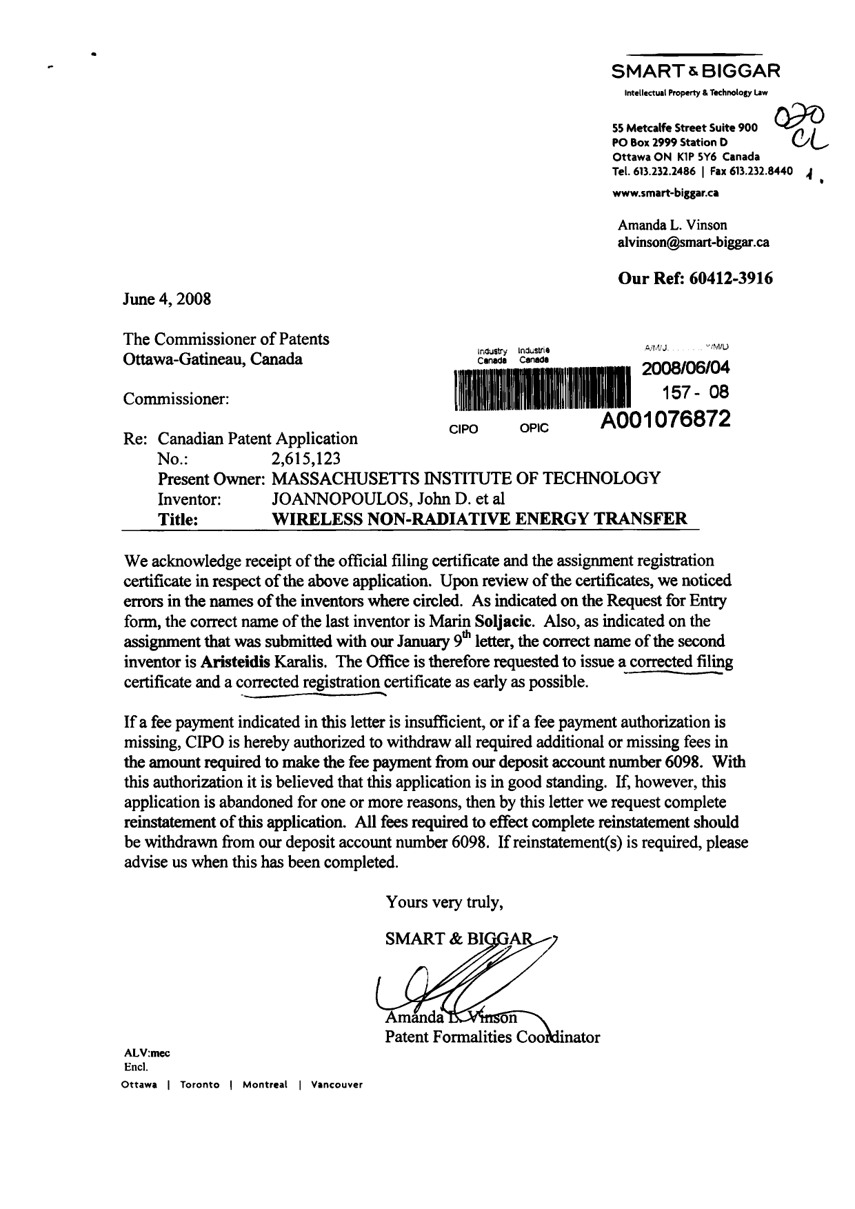 Document de brevet canadien 2615123. Correspondance 20080604. Image 1 de 3