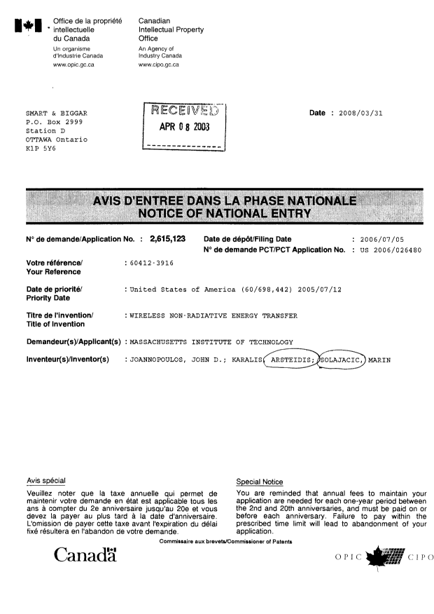 Document de brevet canadien 2615123. Correspondance 20080604. Image 2 de 3