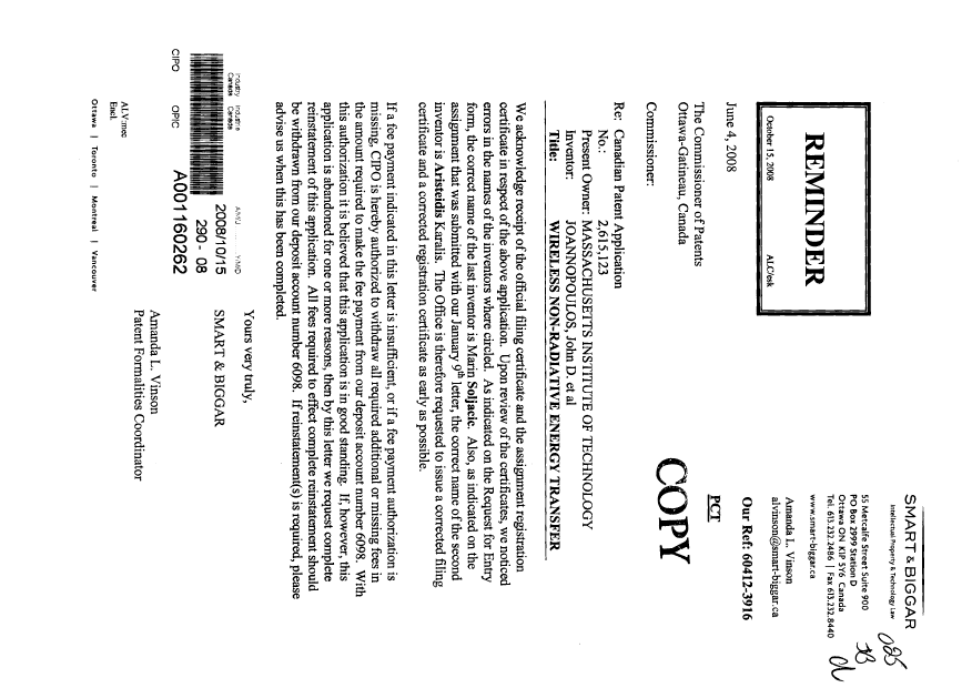 Document de brevet canadien 2615123. Cession 20081015. Image 1 de 1