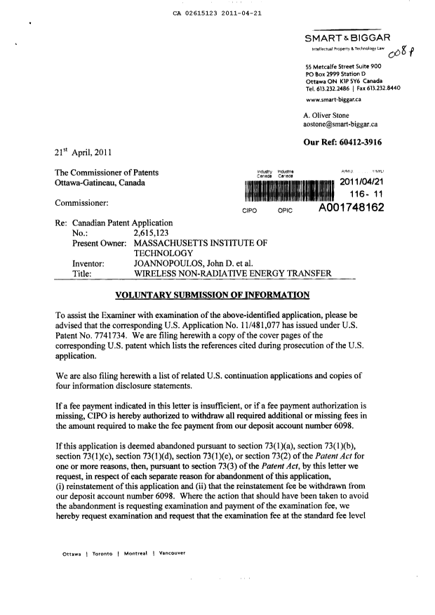 Canadian Patent Document 2615123. Prosecution-Amendment 20110421. Image 1 of 2