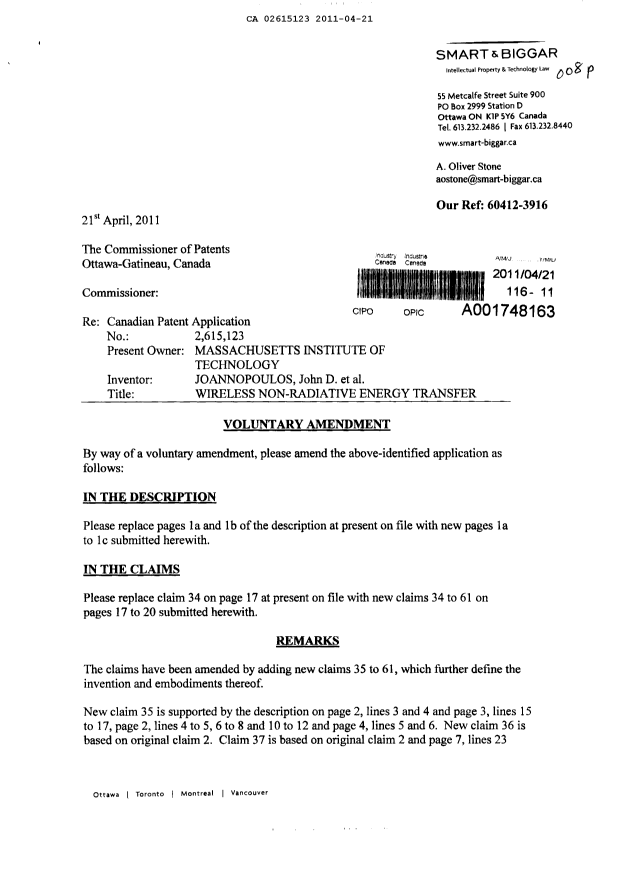 Canadian Patent Document 2615123. Prosecution-Amendment 20110421. Image 1 of 10