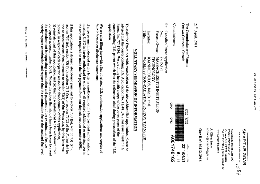 Document de brevet canadien 2615123. Poursuite-Amendment 20110421. Image 1 de 2