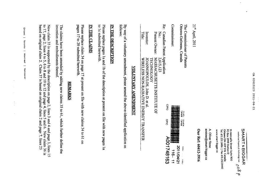 Document de brevet canadien 2615123. Poursuite-Amendment 20110421. Image 1 de 10