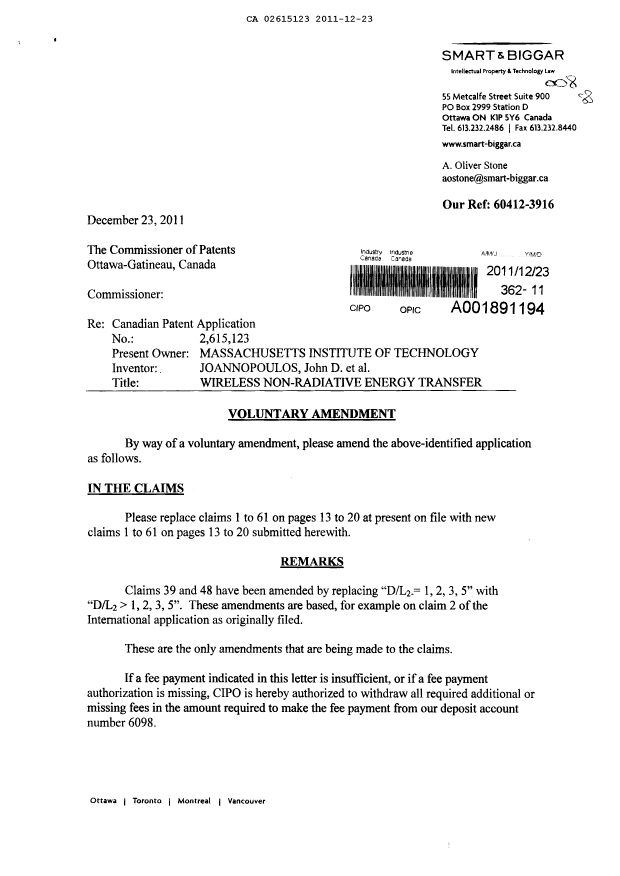 Canadian Patent Document 2615123. Prosecution-Amendment 20111223. Image 1 of 10