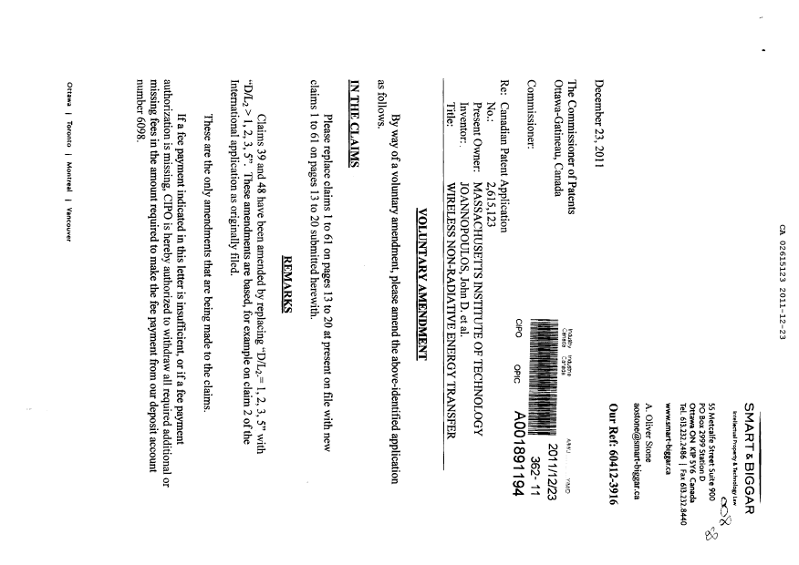 Document de brevet canadien 2615123. Poursuite-Amendment 20111223. Image 1 de 10