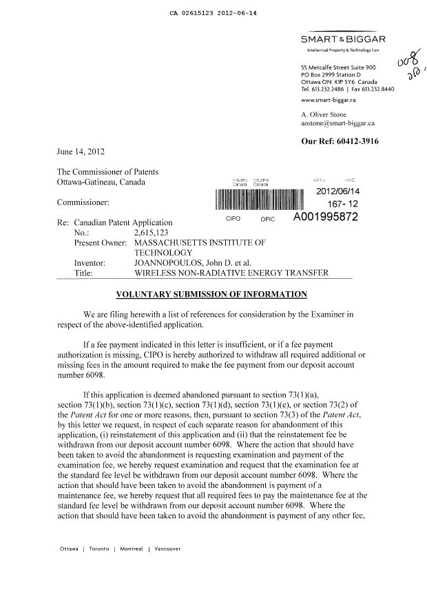 Canadian Patent Document 2615123. Prosecution-Amendment 20120614. Image 1 of 2