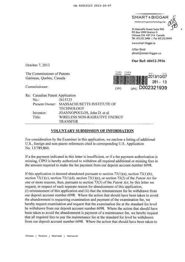 Document de brevet canadien 2615123. Poursuite-Amendment 20131007. Image 1 de 2