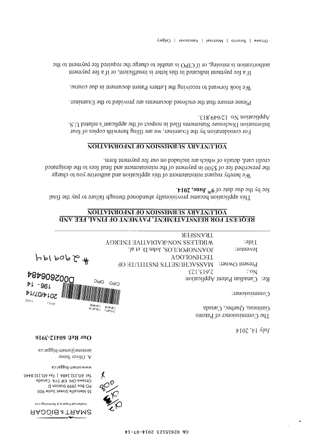 Canadian Patent Document 2615123. Prosecution-Amendment 20140714. Image 1 of 2