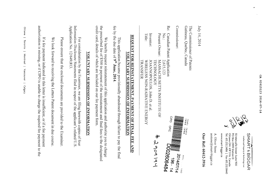 Document de brevet canadien 2615123. Poursuite-Amendment 20140714. Image 1 de 2