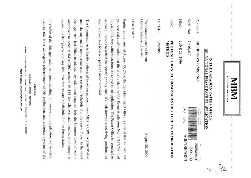 Document de brevet canadien 2615417. Correspondance 20090820. Image 1 de 2