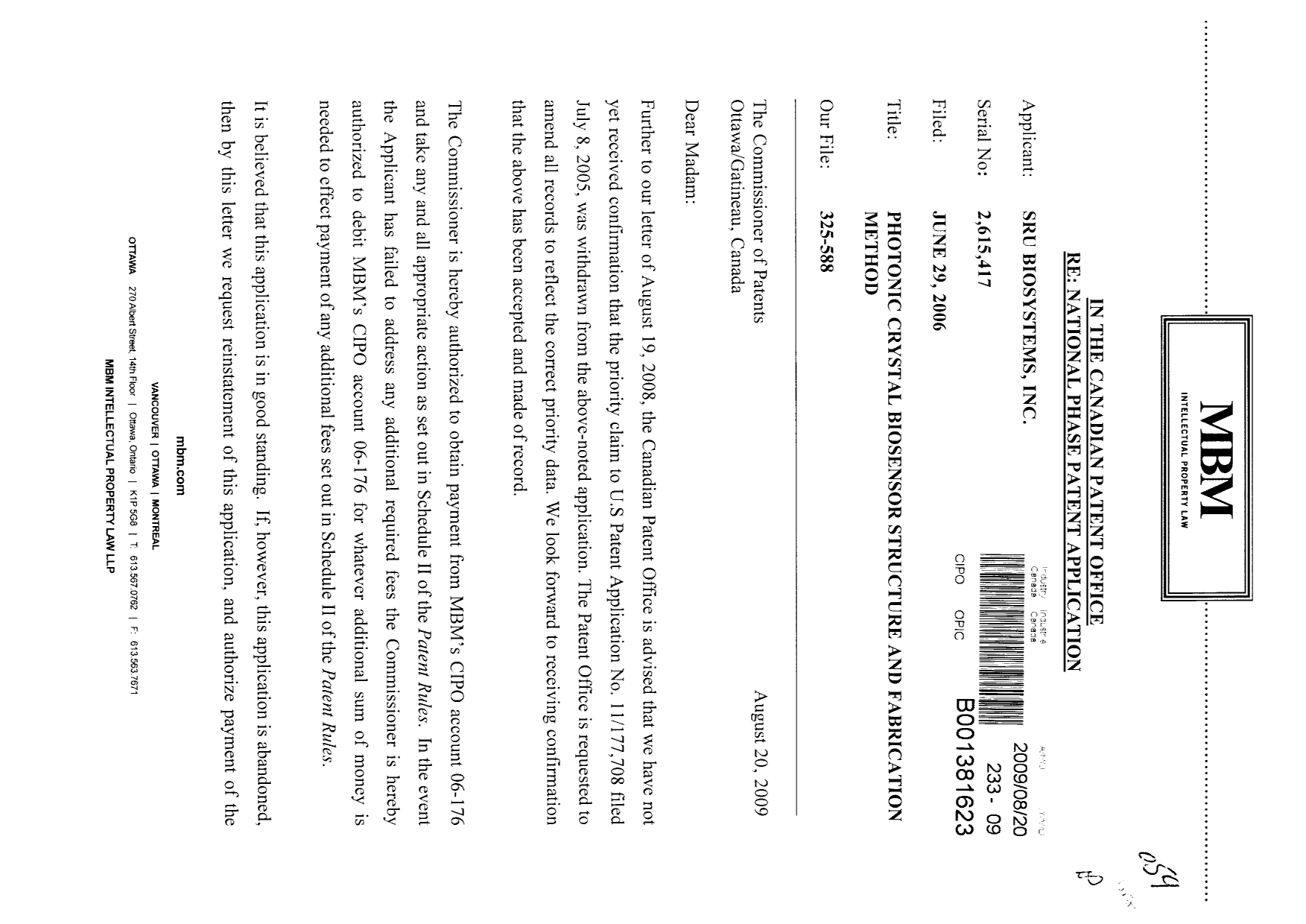 Document de brevet canadien 2615417. Correspondance 20090820. Image 1 de 2