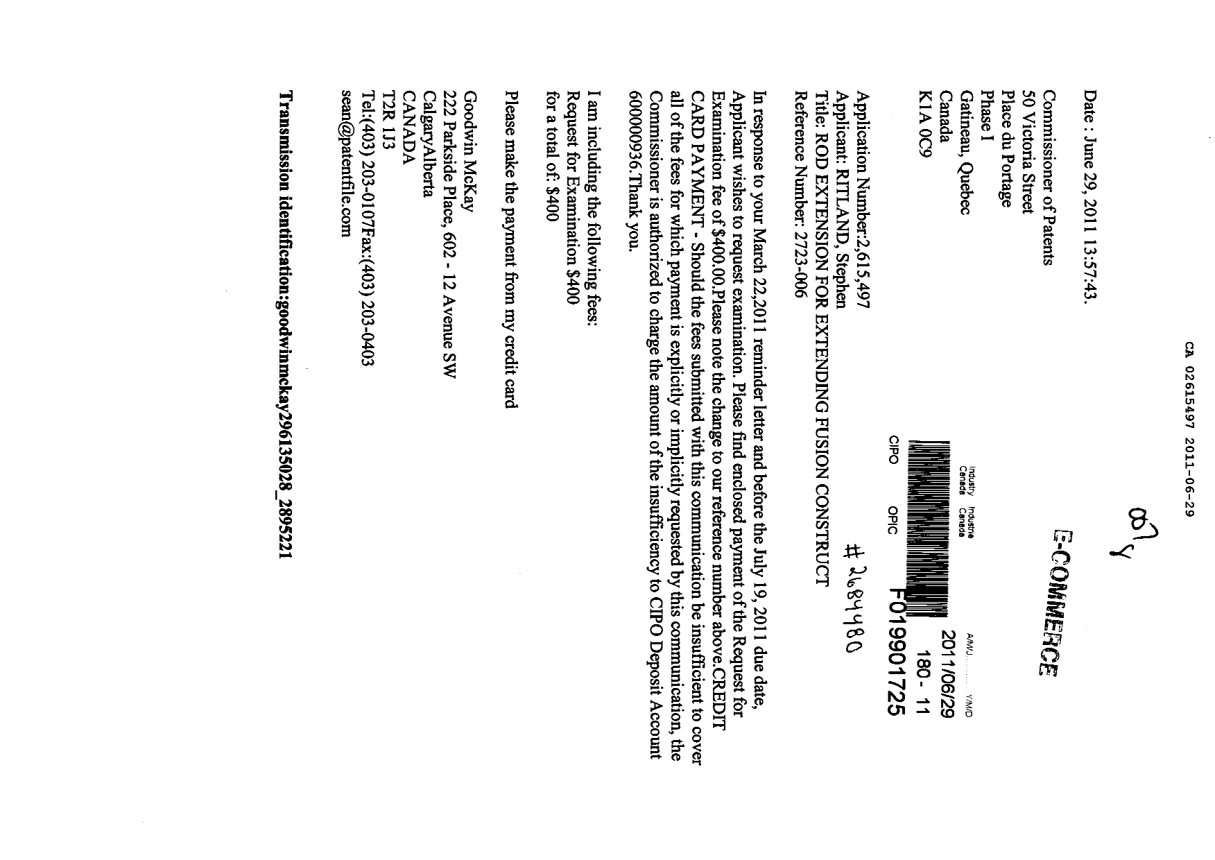 Canadian Patent Document 2615497. Prosecution-Amendment 20110629. Image 1 of 1