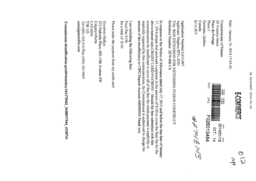 Document de brevet canadien 2615497. Correspondance 20140116. Image 1 de 1