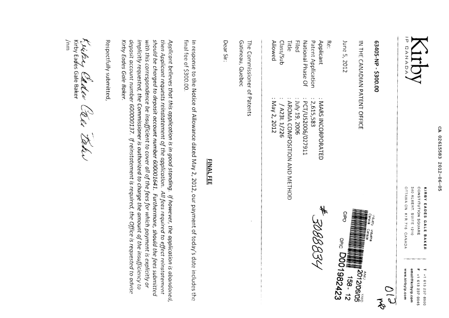 Document de brevet canadien 2615583. Correspondance 20120605. Image 1 de 1
