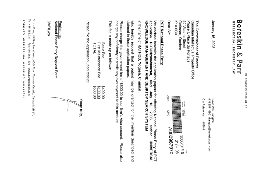 Document de brevet canadien 2615659. Cession 20080116. Image 1 de 4