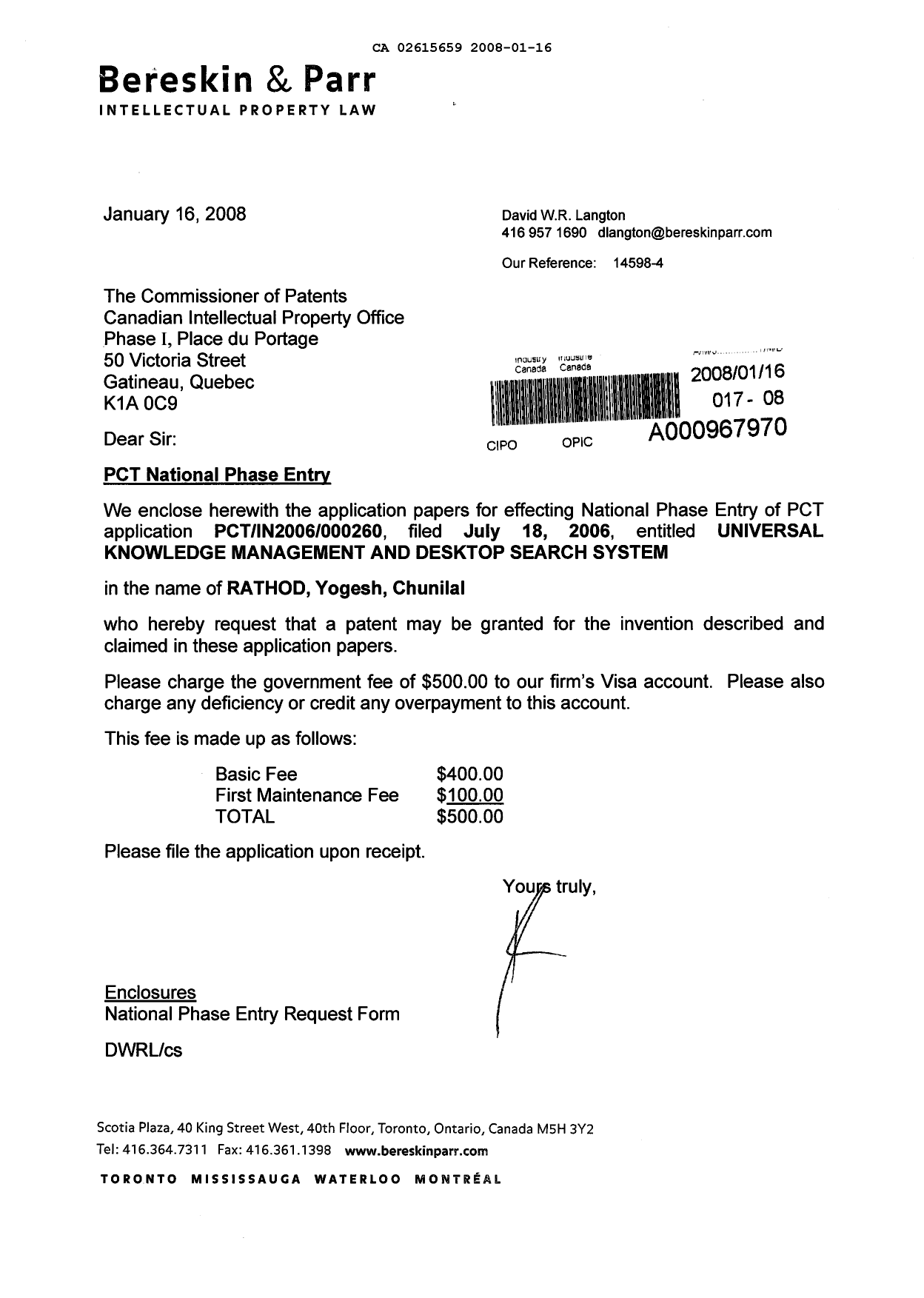 Document de brevet canadien 2615659. Cession 20080116. Image 1 de 4