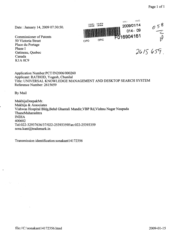 Canadian Patent Document 2615659. Correspondence 20090114. Image 1 of 1