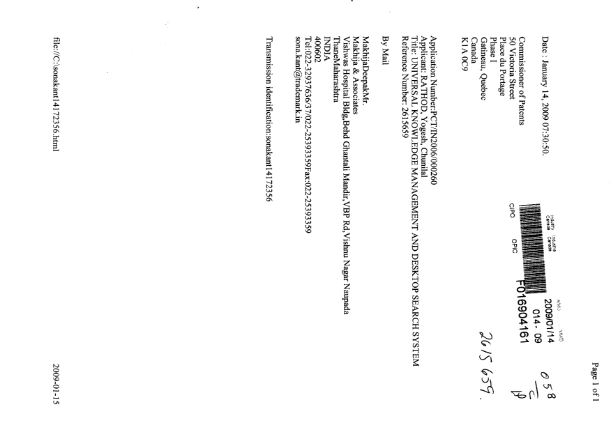 Document de brevet canadien 2615659. Correspondance 20090114. Image 1 de 1