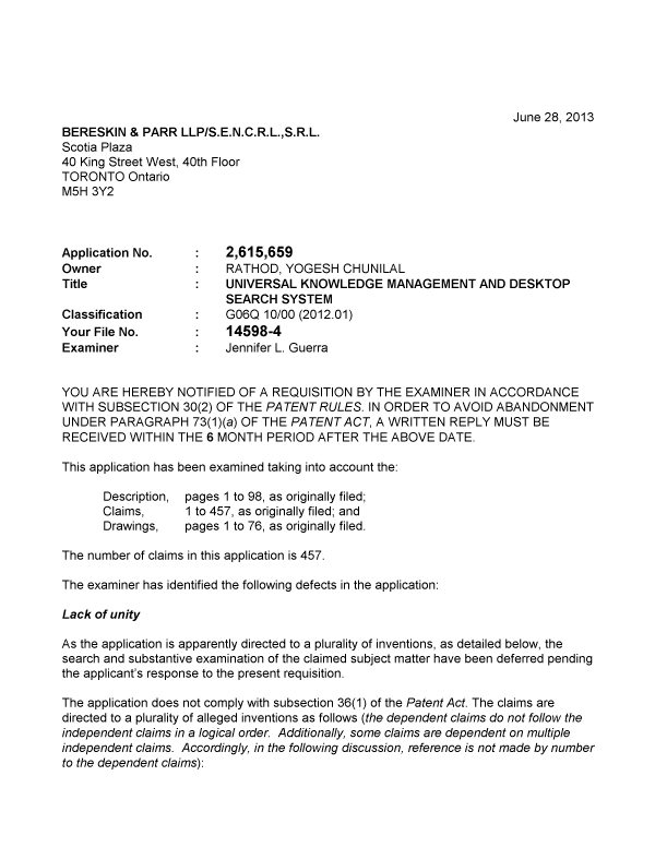 Canadian Patent Document 2615659. Prosecution-Amendment 20130628. Image 1 of 4