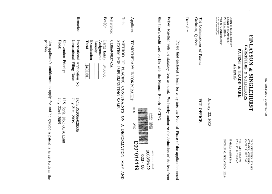 Document de brevet canadien 2616299. Cession 20080122. Image 1 de 4