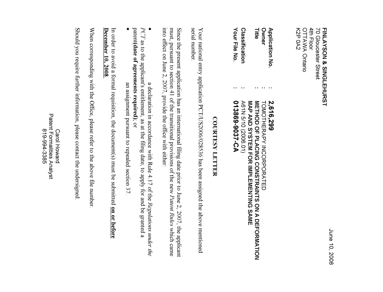 Document de brevet canadien 2616299. Correspondance 20080603. Image 1 de 1
