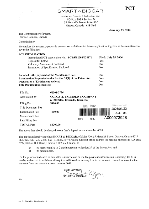 Document de brevet canadien 2616399. Cession 20080123. Image 1 de 4