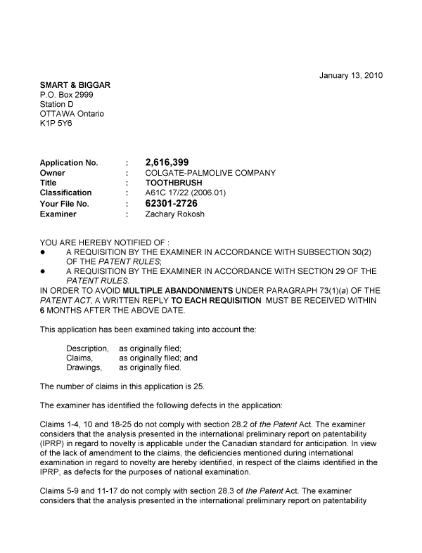 Document de brevet canadien 2616399. Poursuite-Amendment 20100113. Image 1 de 2