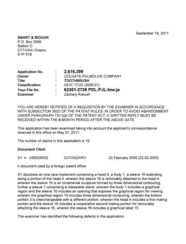 Document de brevet canadien 2616399. Poursuite-Amendment 20110919. Image 1 de 2