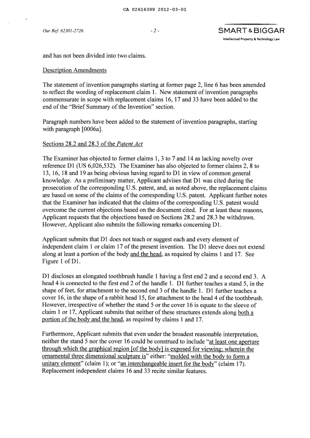 Canadian Patent Document 2616399. Prosecution-Amendment 20120301. Image 2 of 12