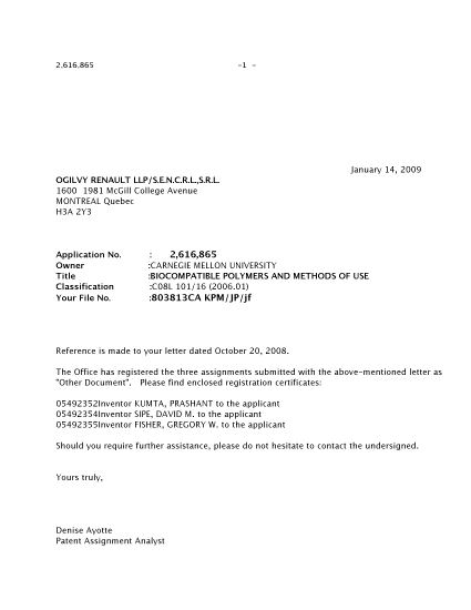 Canadian Patent Document 2616865. Correspondence 20081214. Image 1 of 2