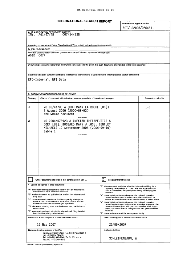 Document de brevet canadien 2617064. PCT 20080128. Image 1 de 4