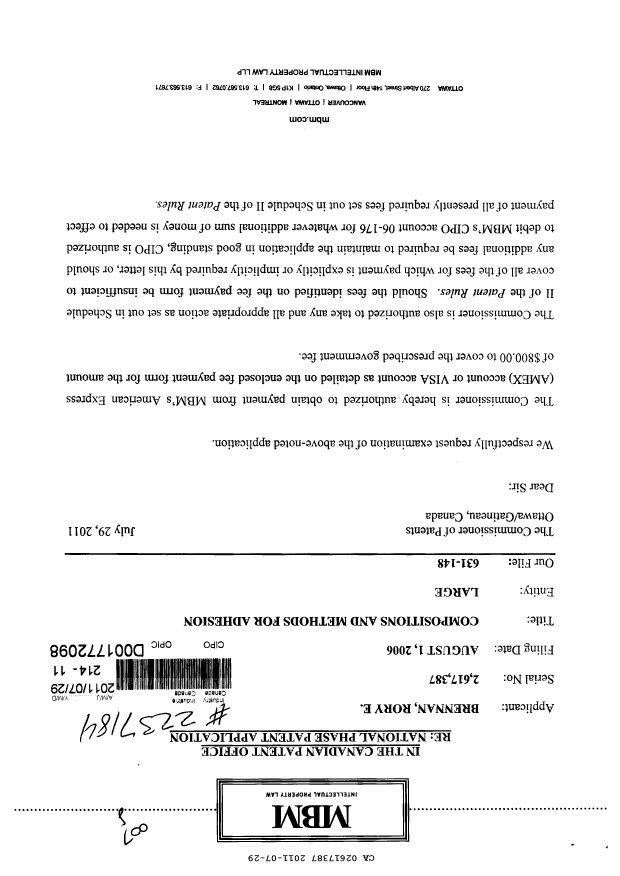 Canadian Patent Document 2617387. Prosecution-Amendment 20110729. Image 1 of 2