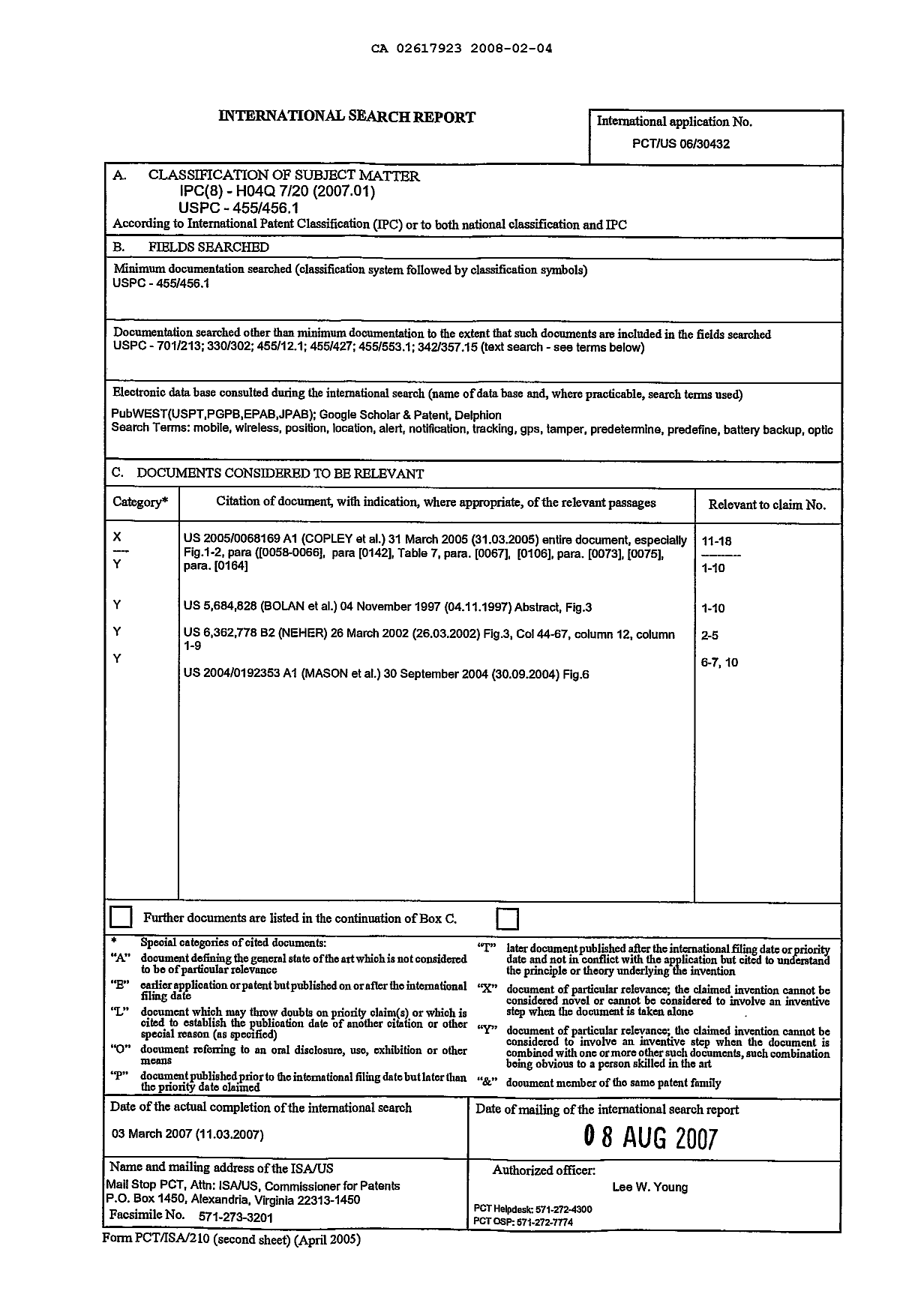 Document de brevet canadien 2617923. PCT 20080204. Image 1 de 1