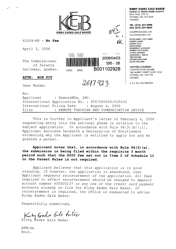 Canadian Patent Document 2617923. Correspondence 20080403. Image 1 of 2