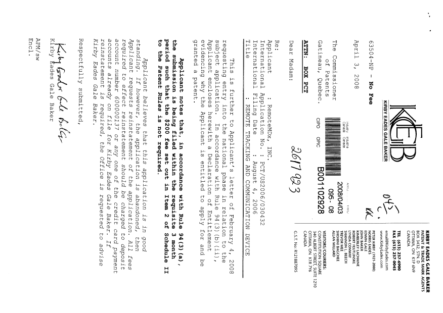 Document de brevet canadien 2617923. Correspondance 20080403. Image 1 de 2