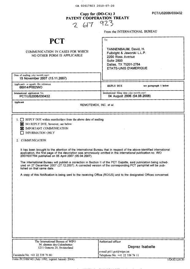 Canadian Patent Document 2617923. PCT 20100720. Image 1 of 1