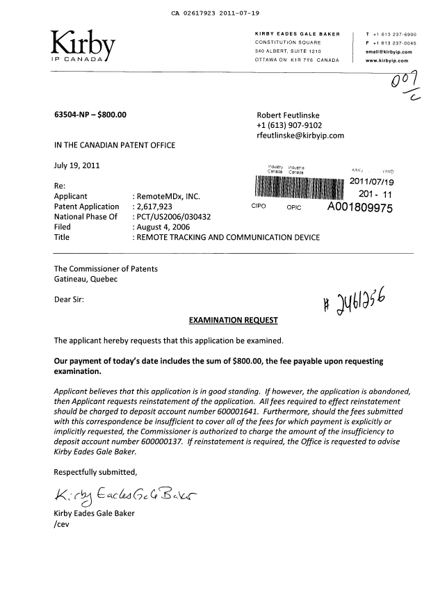 Canadian Patent Document 2617923. Prosecution-Amendment 20110719. Image 1 of 1