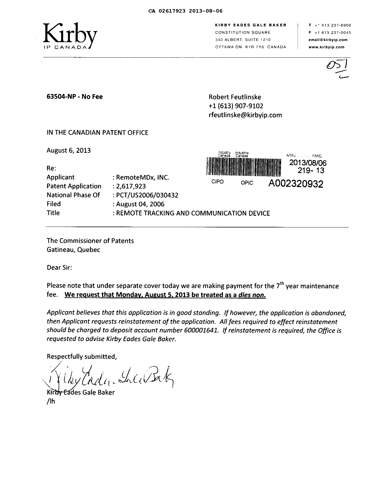 Document de brevet canadien 2617923. Correspondance 20130806. Image 1 de 1