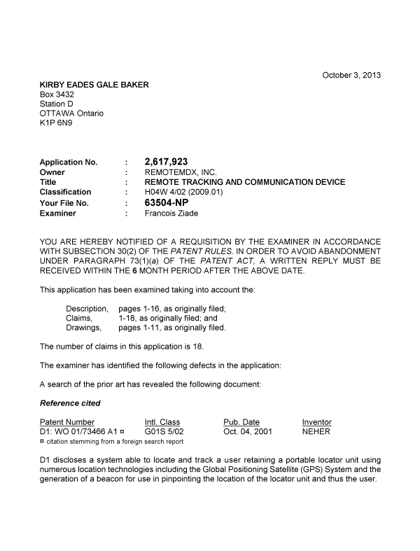 Canadian Patent Document 2617923. Prosecution-Amendment 20131003. Image 1 of 3