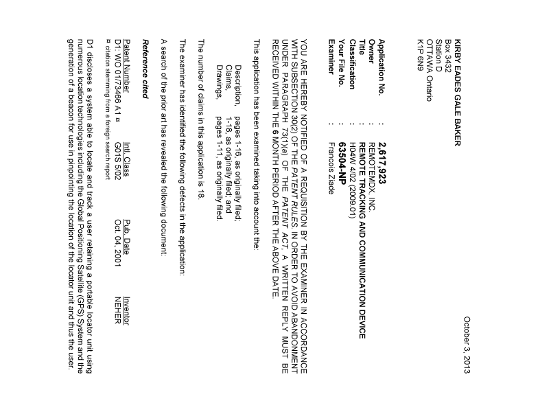 Document de brevet canadien 2617923. Poursuite-Amendment 20131003. Image 1 de 3