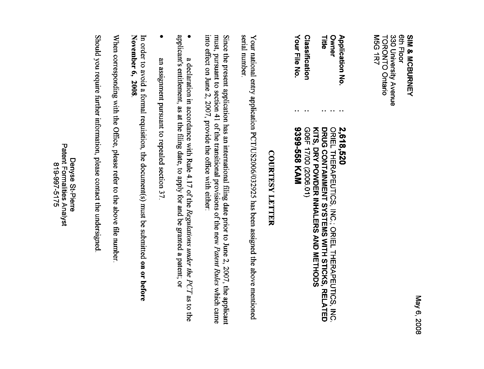 Canadian Patent Document 2618520. Correspondence 20080429. Image 1 of 1