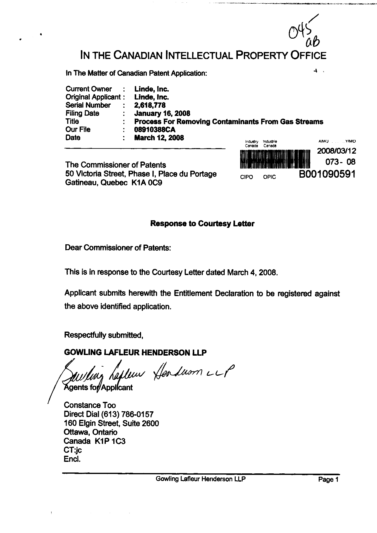 Document de brevet canadien 2618778. Correspondance 20080312. Image 1 de 2
